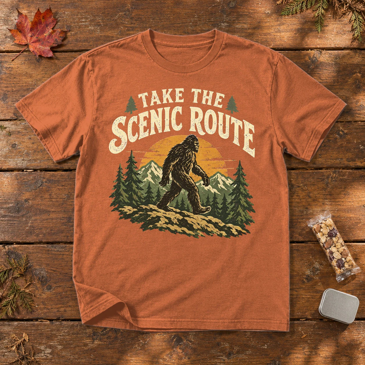 Take The Scenic Route Bigfoot Graphic Tee on Yam Premium Tee