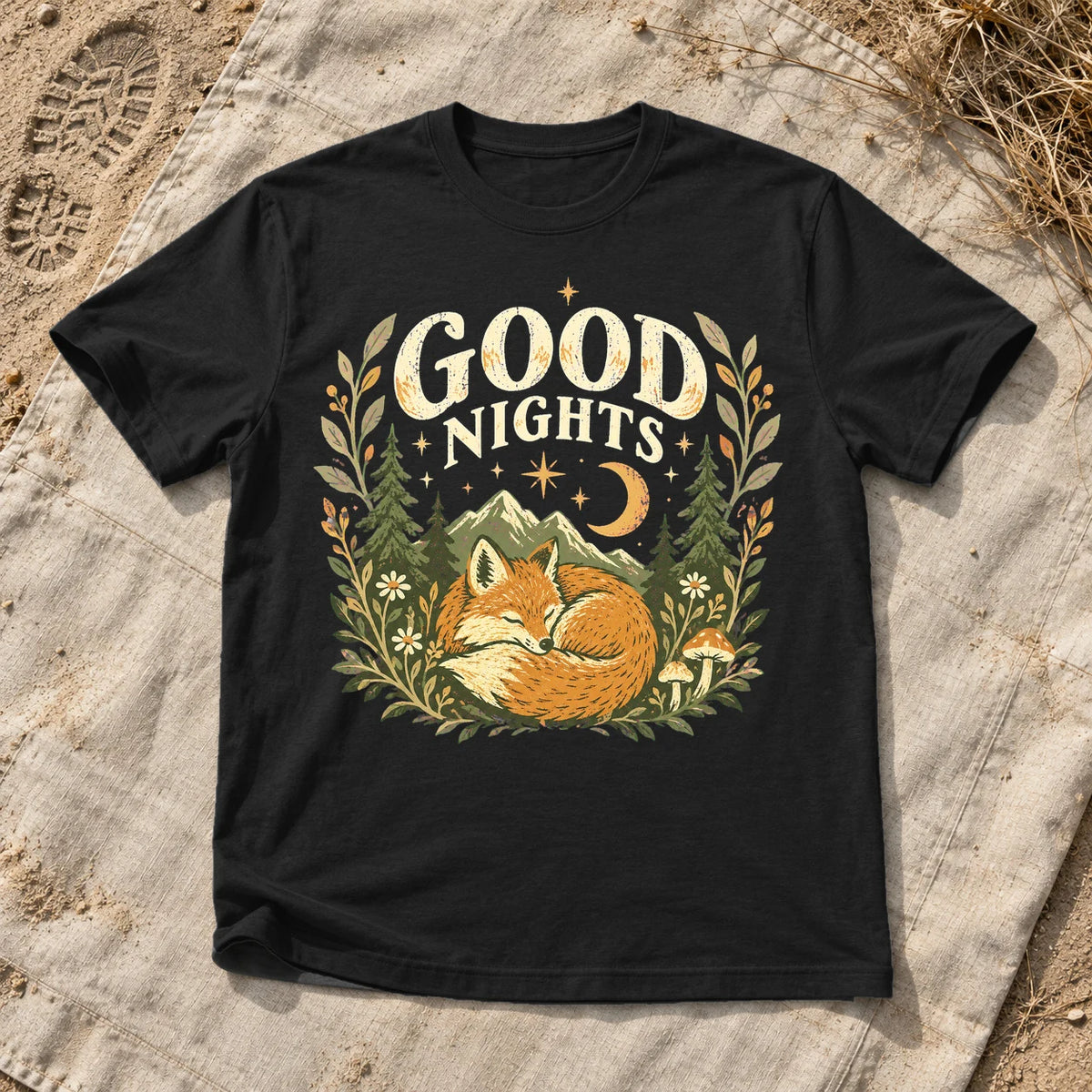 Good Nights Sleeping Fox Graphic Tee on Black Everyday Soft Tee