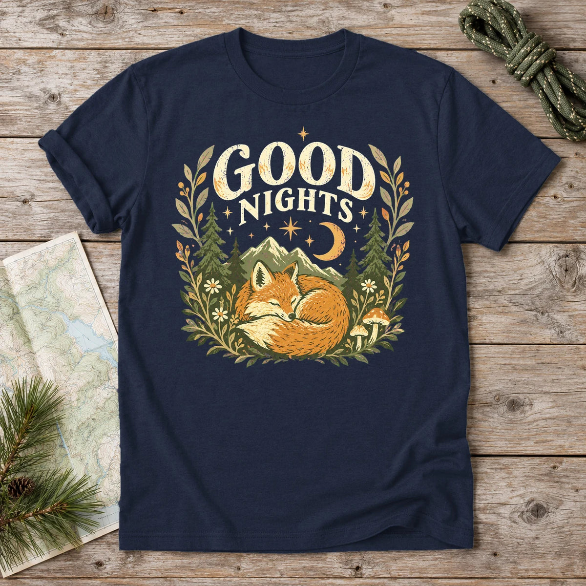Good Nights Sleeping Fox Graphic Tee on Navy Everyday Soft Tee