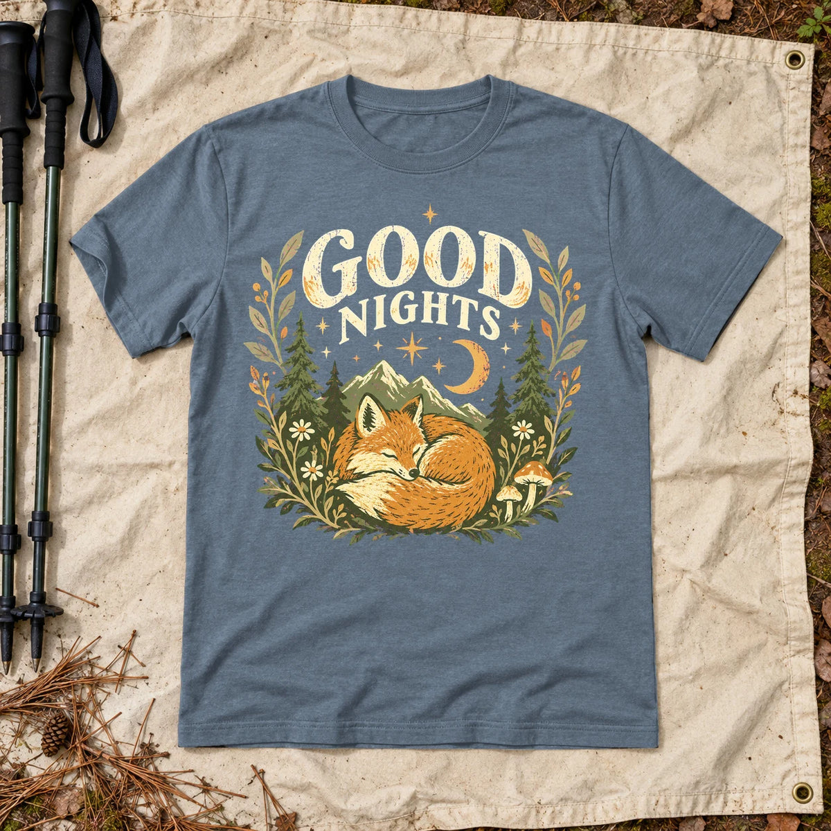 Good Nights Sleeping Fox Graphic Tee on Heather Indigo Everyday Soft Tee