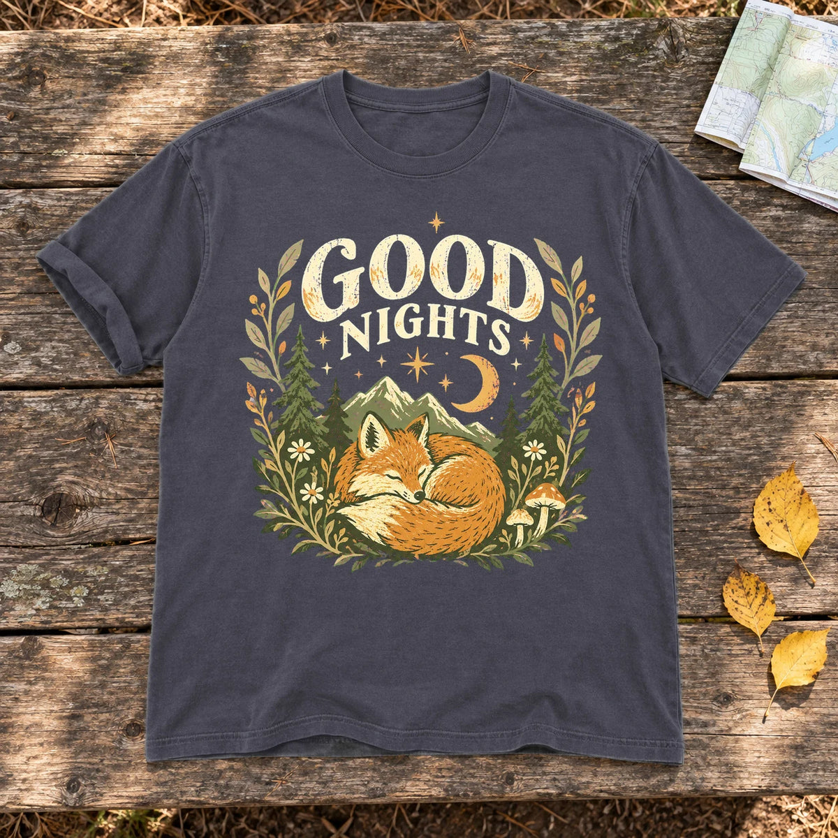 Good Nights Sleeping Fox Graphic Tee on Navy Premium Tee