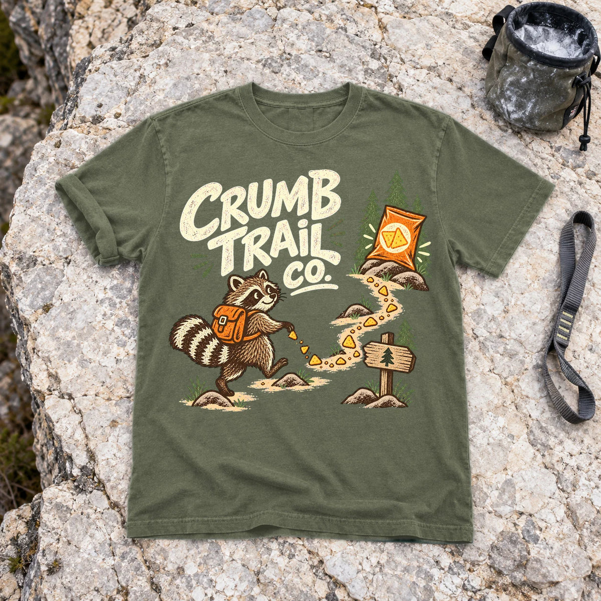 Crumb Trail Co. Raccoon Graphic Tee on Moss Premium Tee