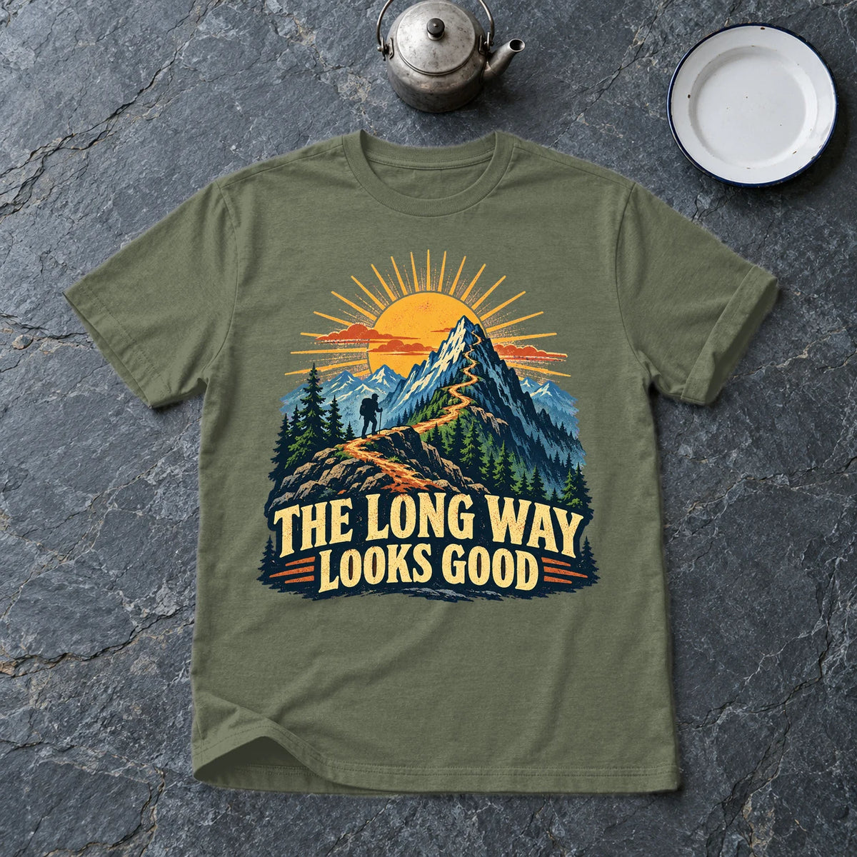 The Long Way Looks Good Graphic Tee on Military Green Everyday Soft Tee
