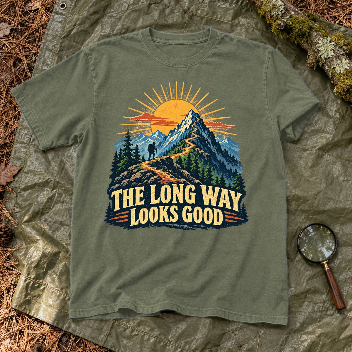 The Long Way Looks Good Graphic Tee on Moss Premium Tee