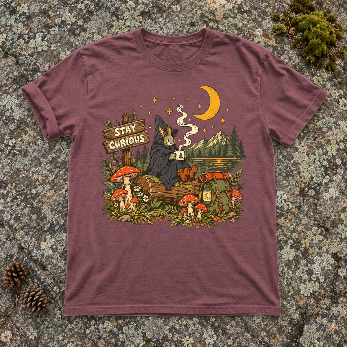Stay Curious Woodland Wanderer Graphic Tee on Brick Premium Tee