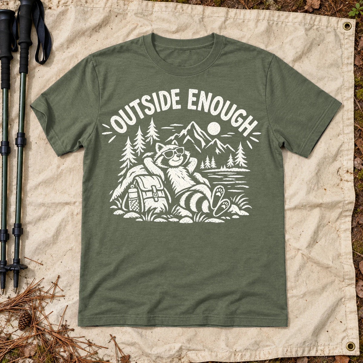 Outside Enough Raccoon Graphic Tee on Military Green Everyday Soft Tee