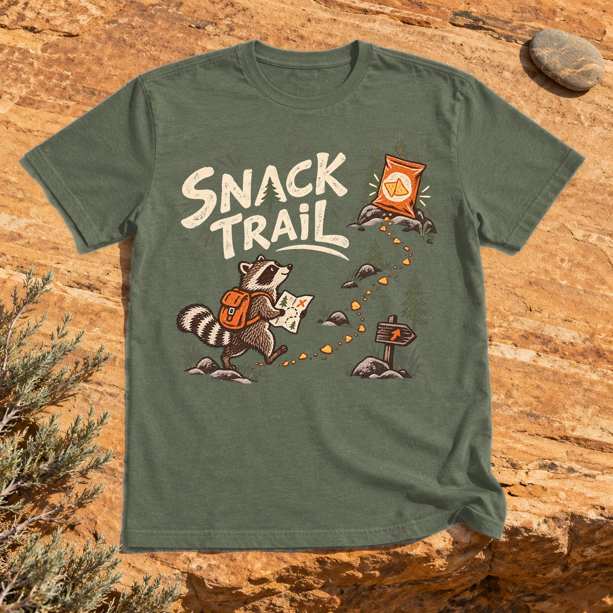 Snack Trail Raccoon Graphic Tee on Military Green Everyday Soft Tee