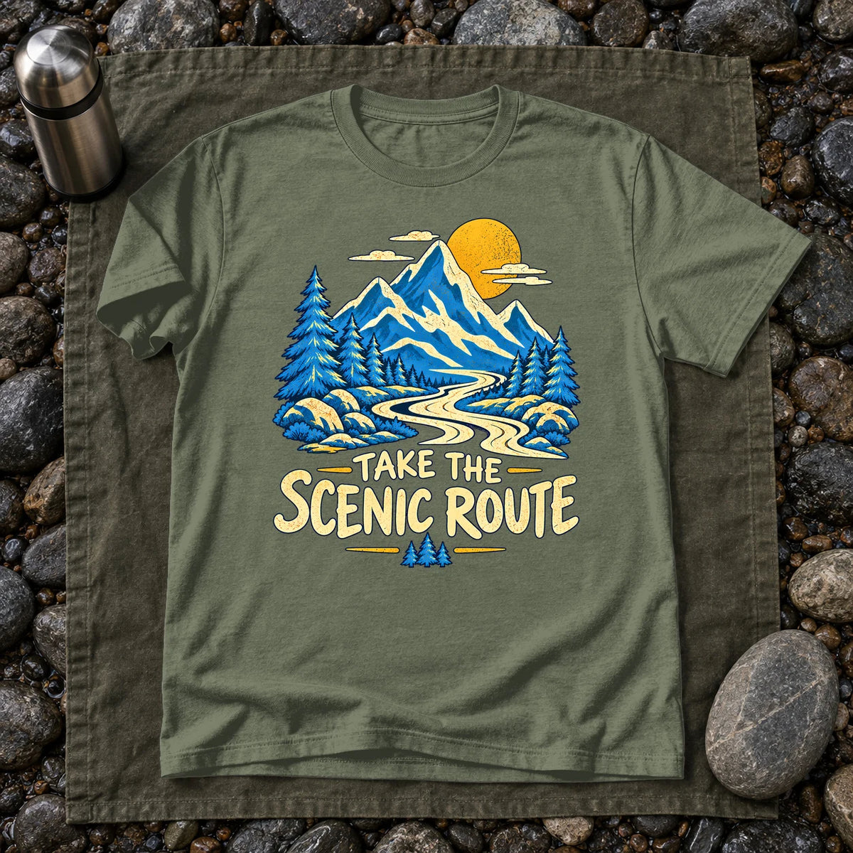 Take The Scenic Route Mountain Graphic Tee on Military Green Everyday Soft Tee
