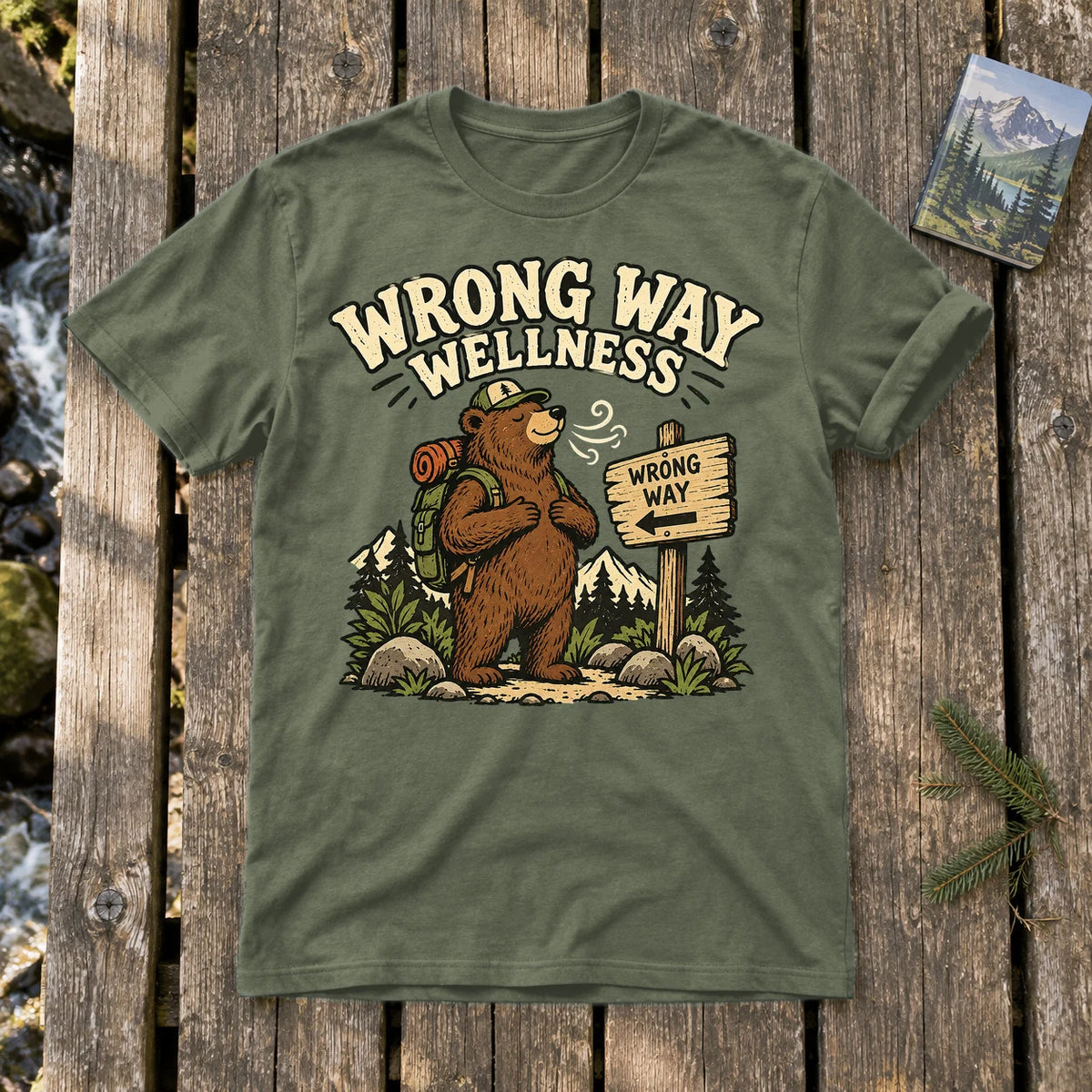 Wrong Way Wellness Graphic Tee on Military Green Everyday Soft Tee