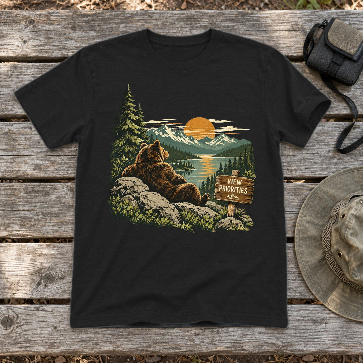 View Priorities Mountain Bear Graphic Tee on Black Everyday Soft Tee