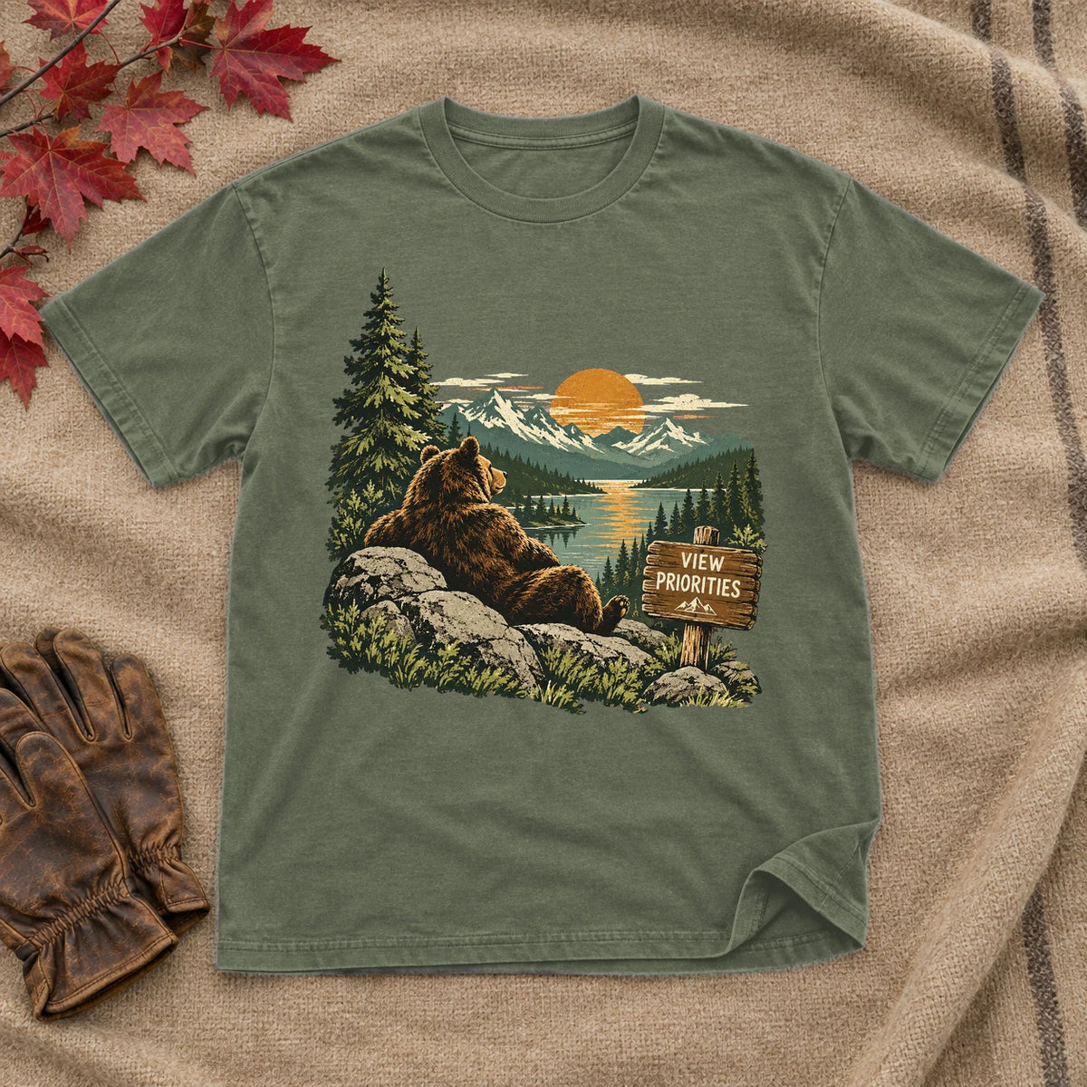 View Priorities Mountain Bear Graphic Tee on Military Green Everyday Soft Tee