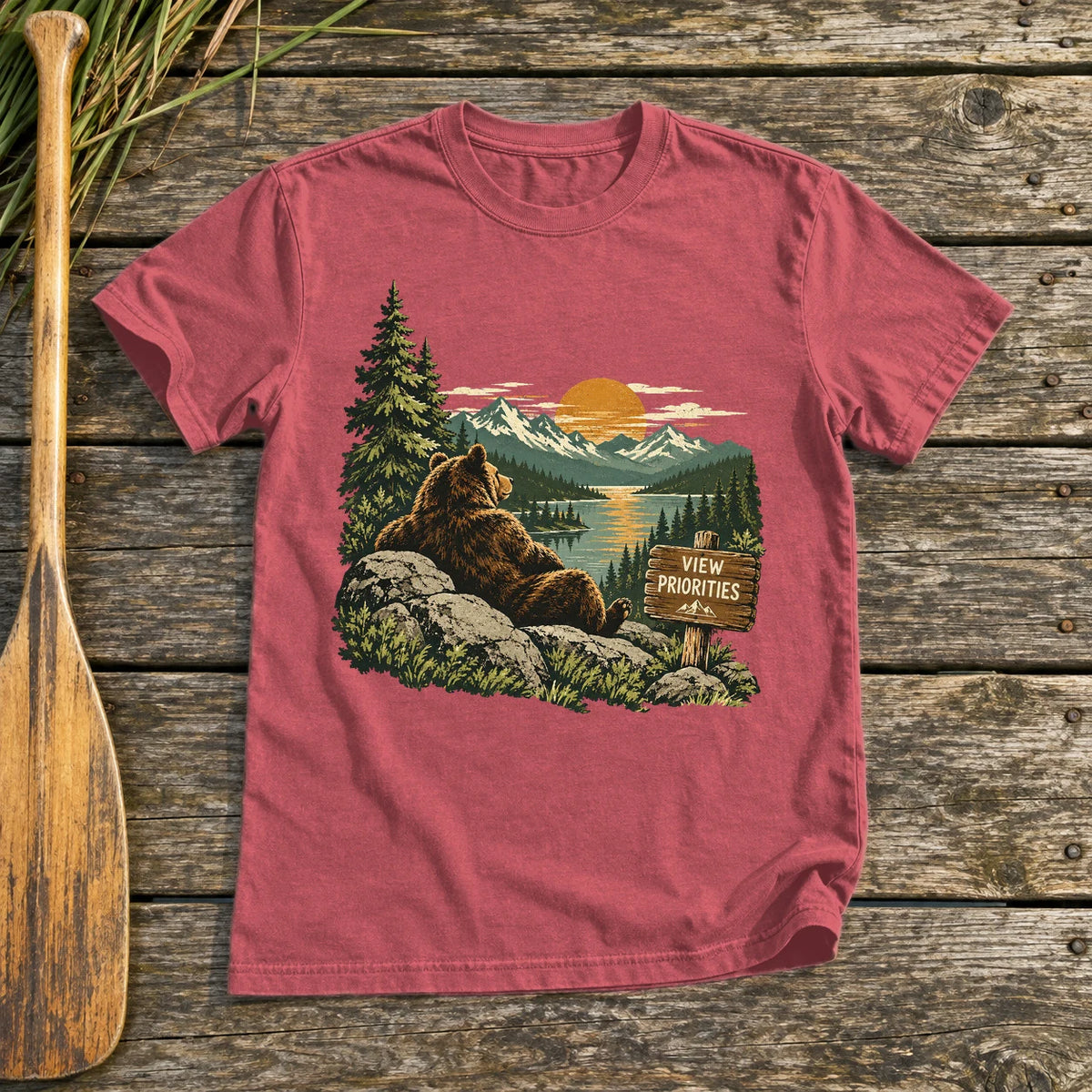View Priorities Mountain Bear Graphic Tee on Heather Red Everyday Soft Tee