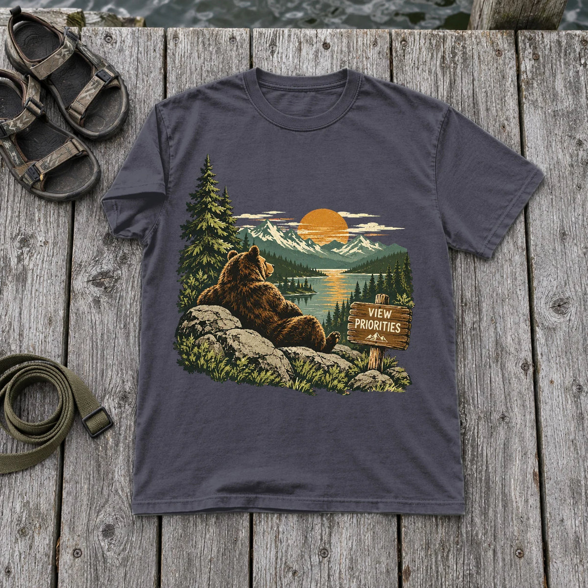 View Priorities Mountain Bear Graphic Tee on Navy Premium Tee