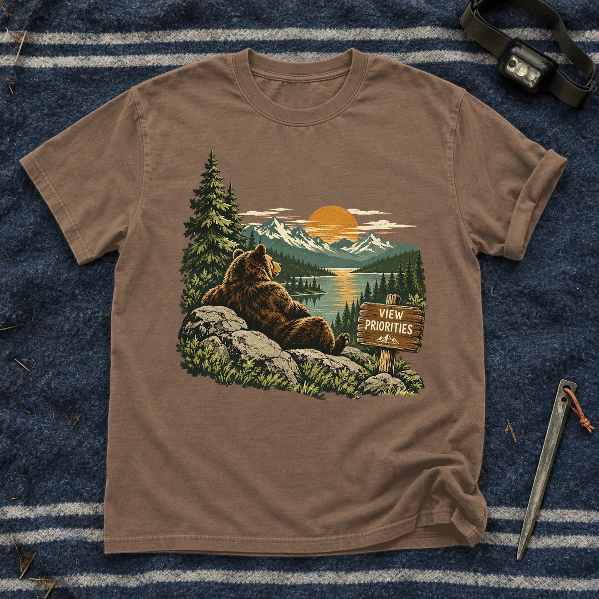 View Priorities Mountain Bear Graphic Tee on Espresso Premium Tee