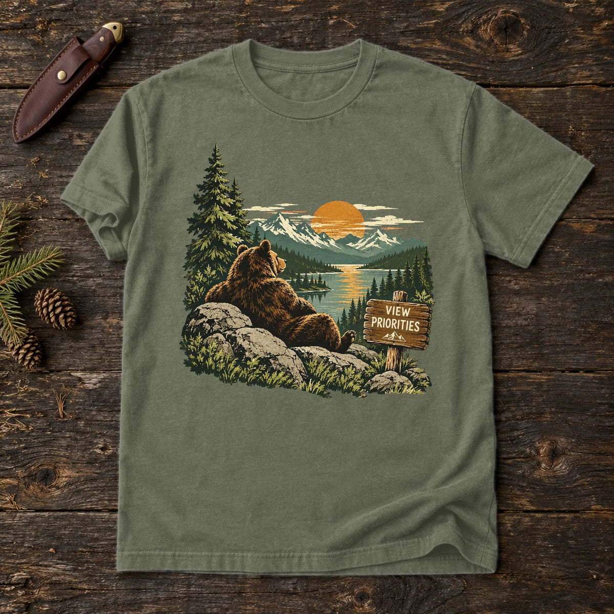 View Priorities Mountain Bear Graphic Tee on Moss Premium Tee