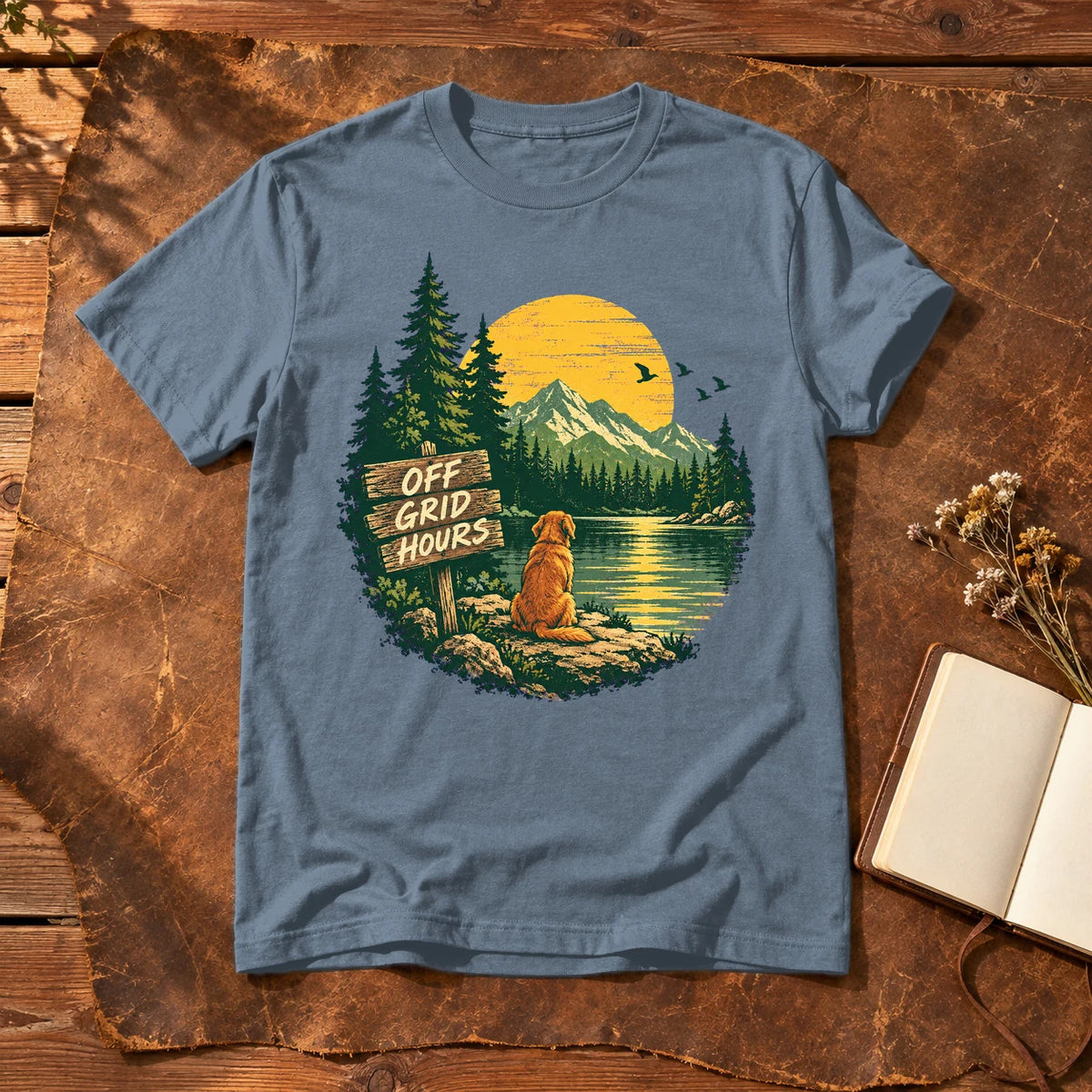 Off Grid Hours Outdoor Dog Graphic Tee on Heather Indigo Everyday Soft Tee