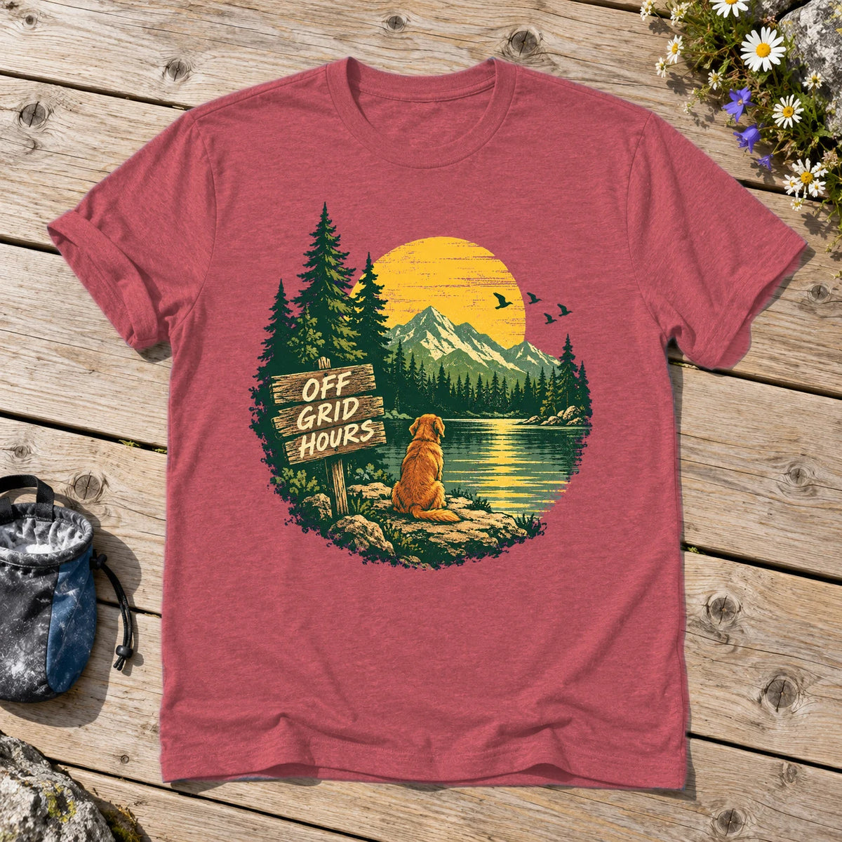 Off Grid Hours Outdoor Dog Graphic Tee on Heather Red Everyday Soft Tee