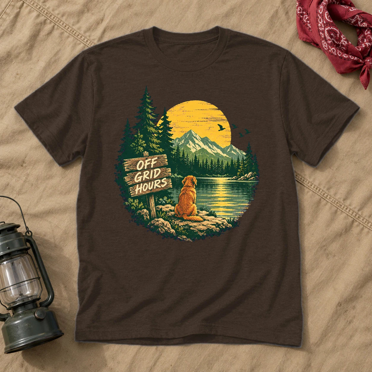 Off Grid Hours Outdoor Dog Graphic Tee on Dark Chocolate Everyday Soft Tee