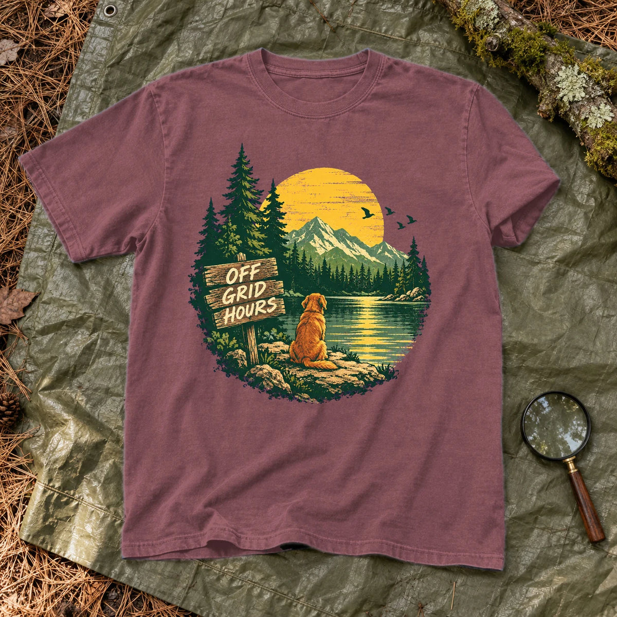Off Grid Hours Outdoor Dog Graphic Tee on Brick Premium Tee