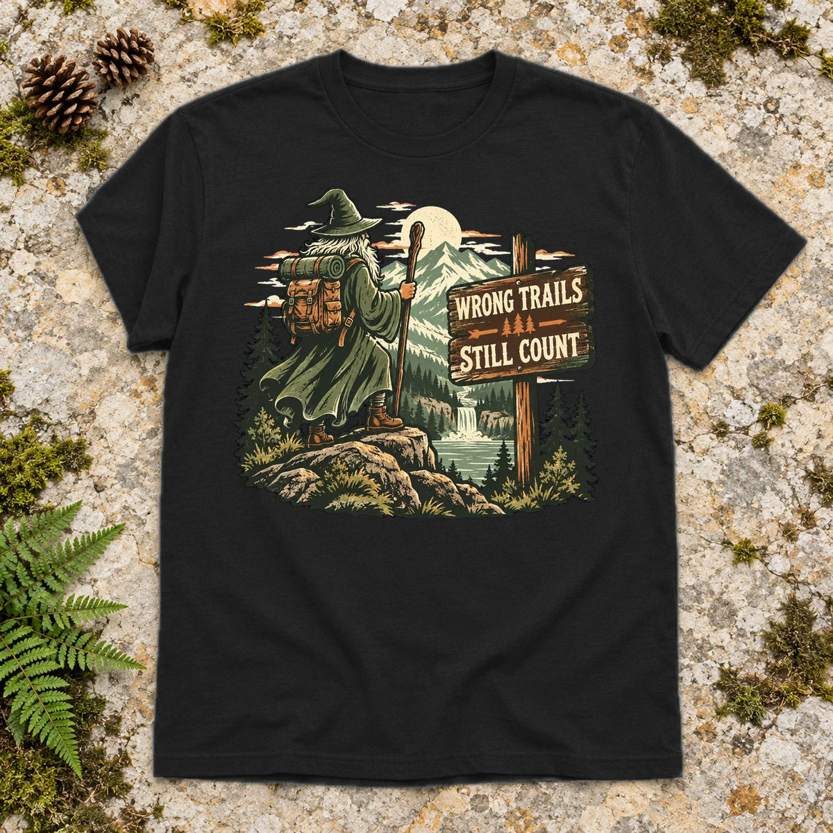Wrong Trails Still Count Wizard Graphic Tee on Black Everyday Soft Tee