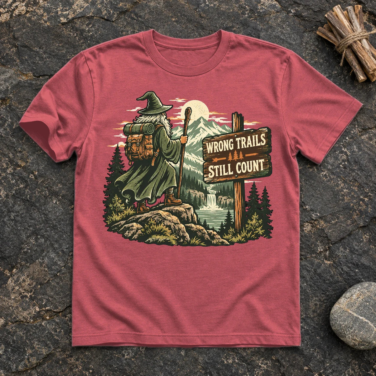 Wrong Trails Still Count Wizard Graphic Tee on Heather Red Everyday Soft Tee