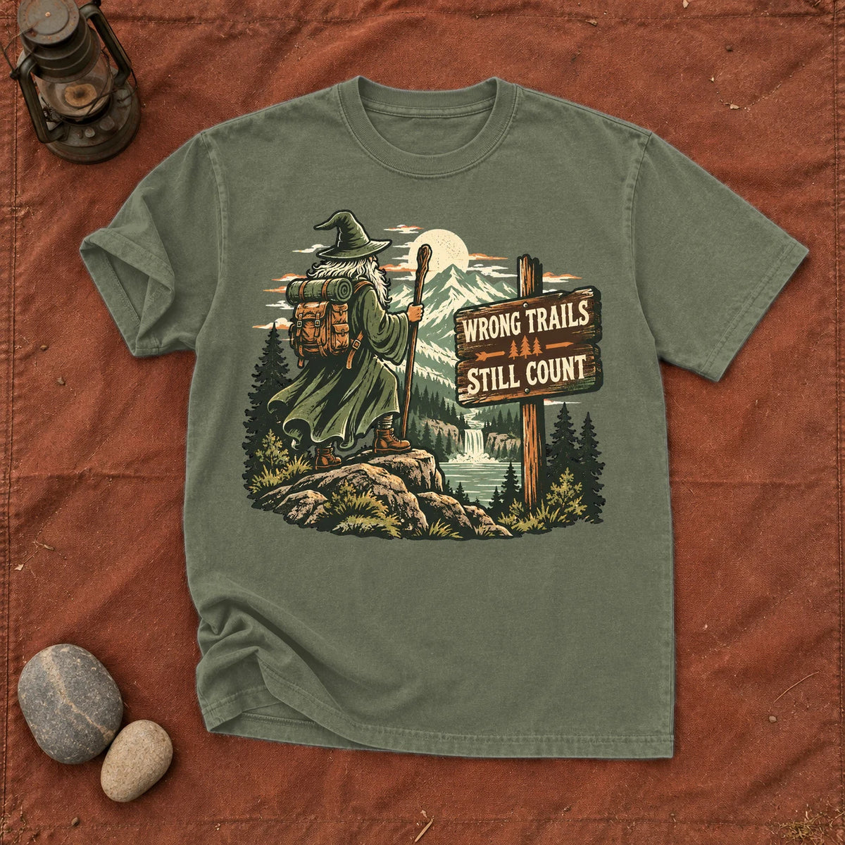 Wrong Trails Still Count Wizard Graphic Tee on Moss Premium Tee