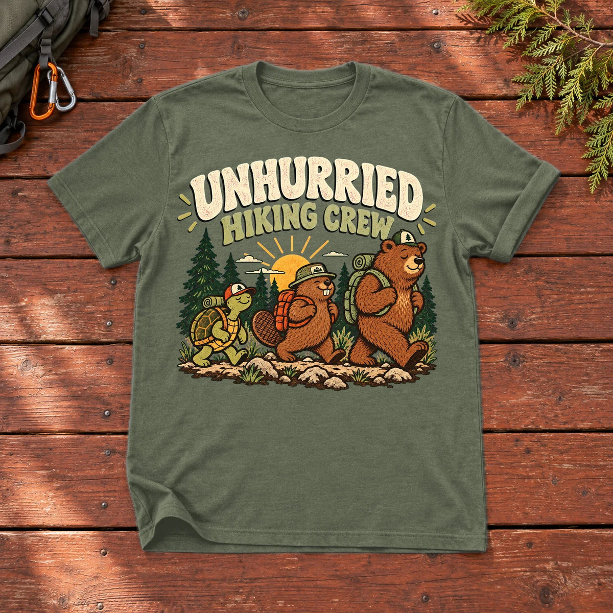 Unhurried Hiking Crew Graphic Tee on Military Green Everyday Soft Tee