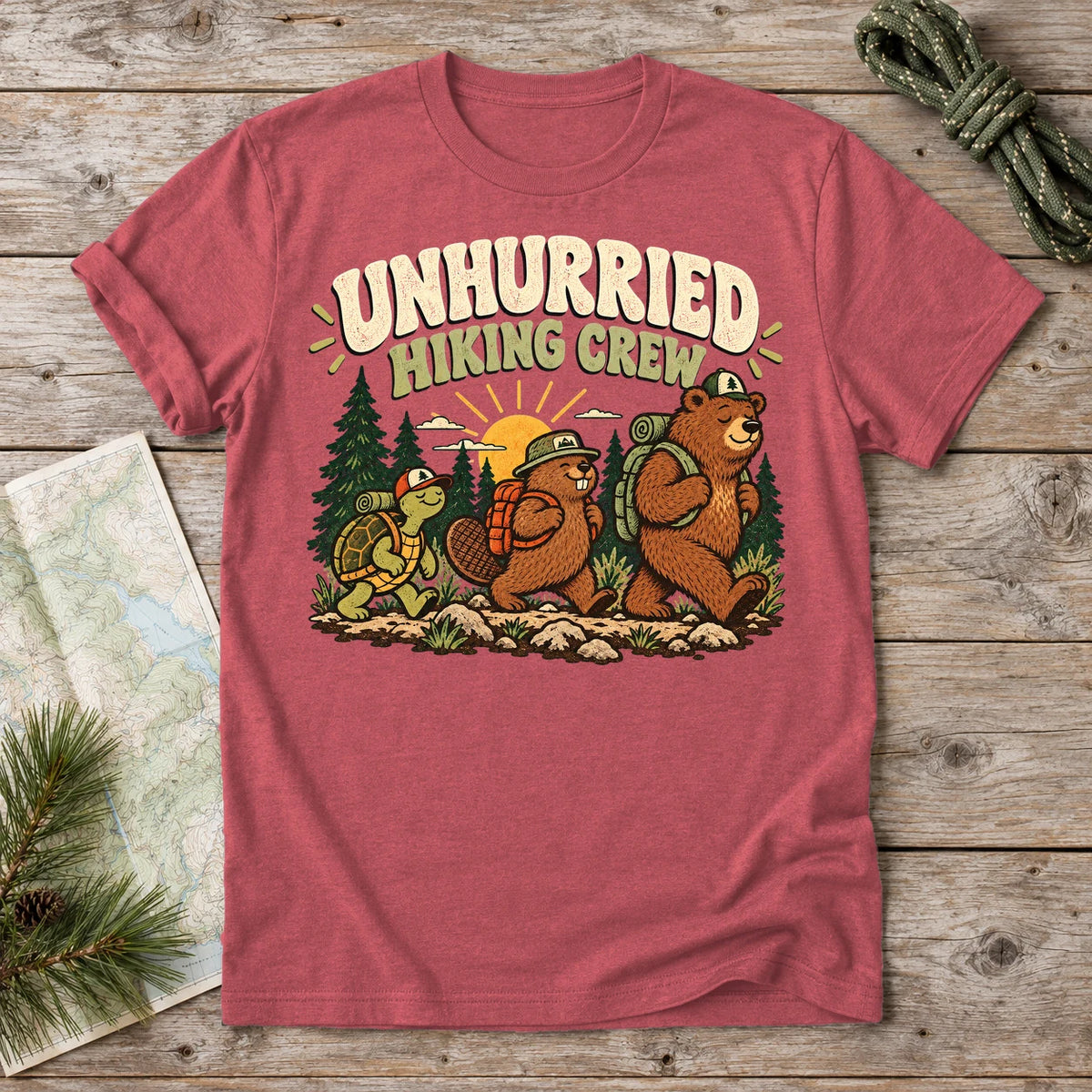 Unhurried Hiking Crew Graphic Tee on Heather Red Everyday Soft Tee