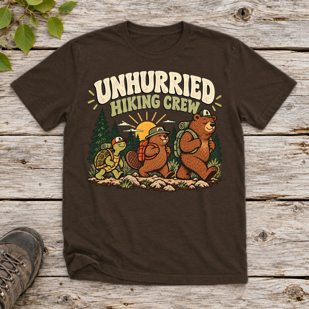 Unhurried Hiking Crew Graphic Tee on Dark Chocolate Everyday Soft Tee