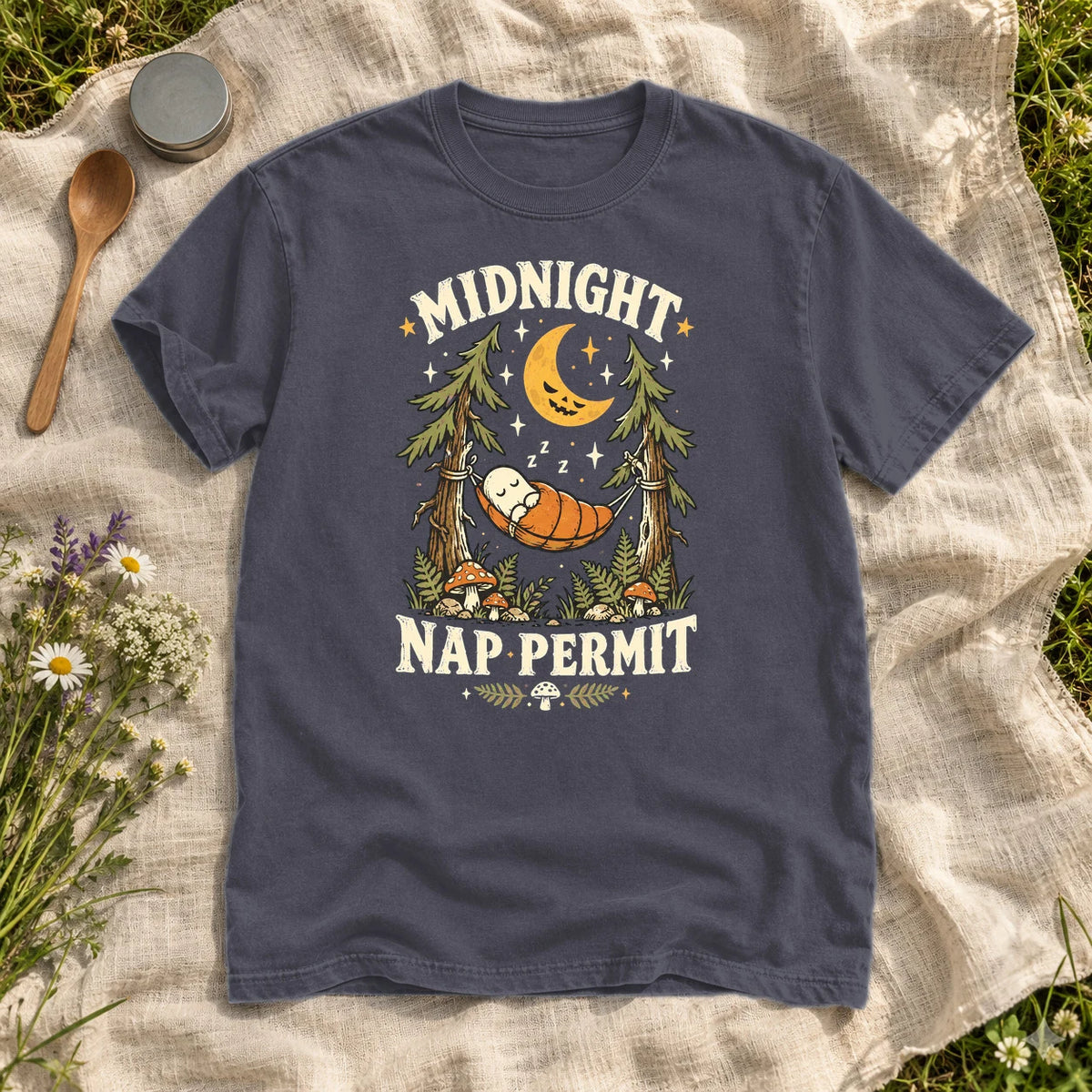 Midnight Nap Permit Ghost Graphic Tee on Navy Premium Tee