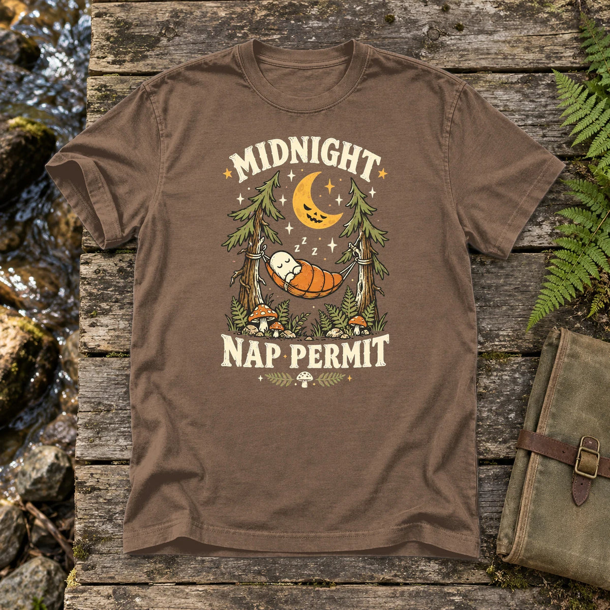 Midnight Nap Permit Ghost Graphic Tee on Espresso Premium Tee