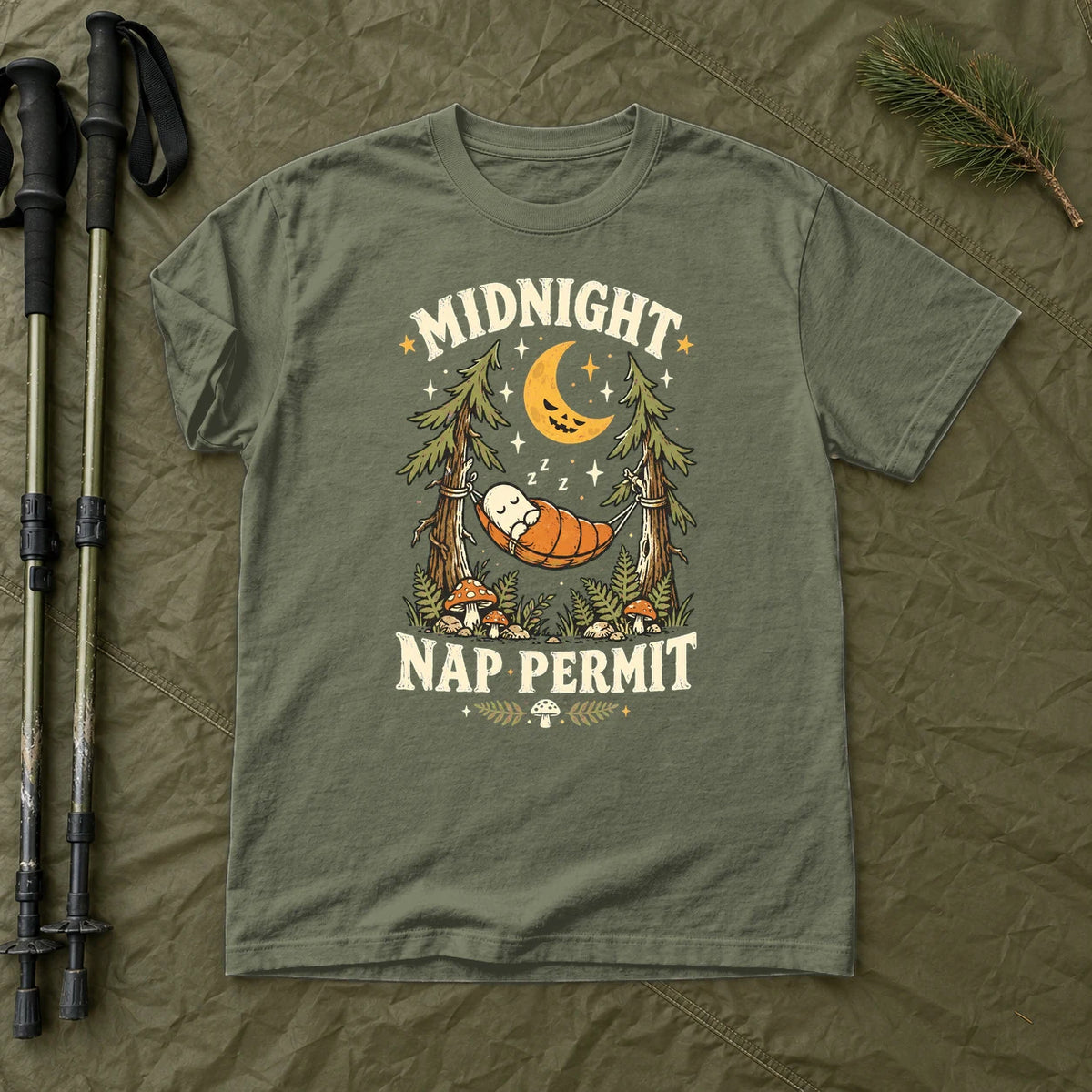 Midnight Nap Permit Ghost Graphic Tee on Moss Premium Tee