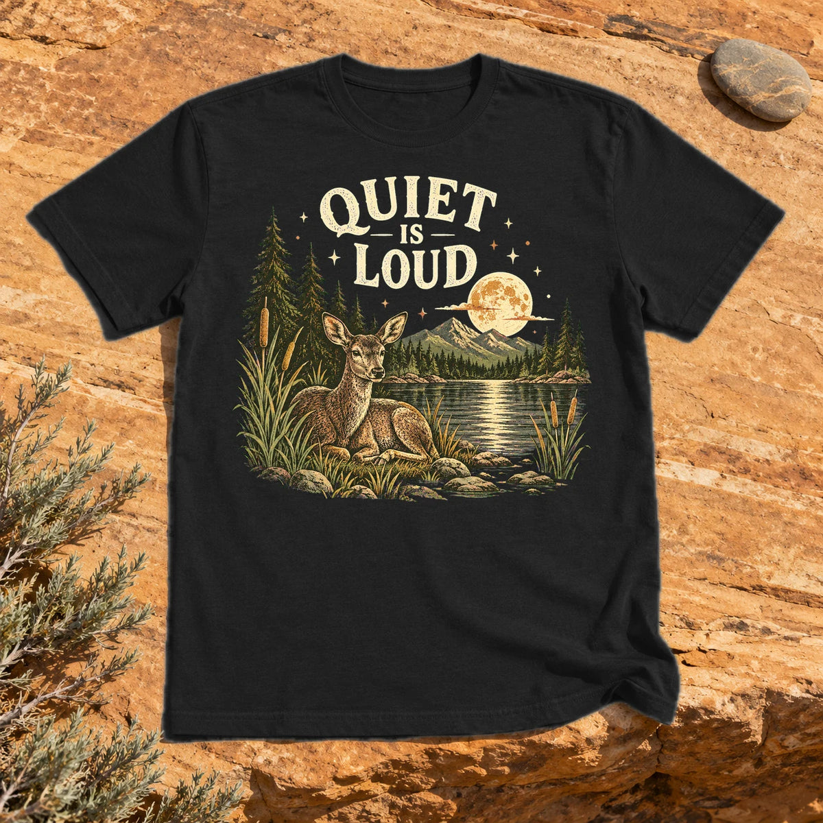 Quiet Is Loud Vintage Deer Graphic Tee on Black Everyday Soft Tee