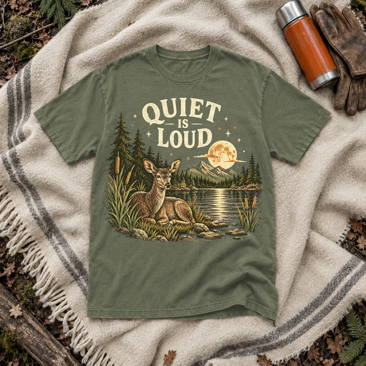 Quiet Is Loud Vintage Deer Graphic Tee on Moss Premium Tee