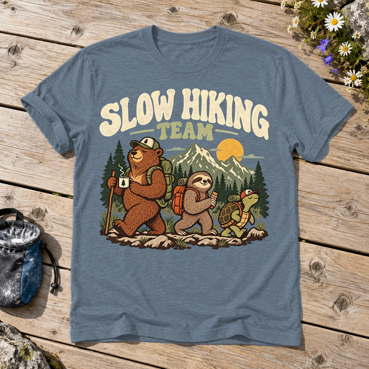 Slow Hiking Team Graphic Tee on Heather Indigo Everyday Soft Tee
