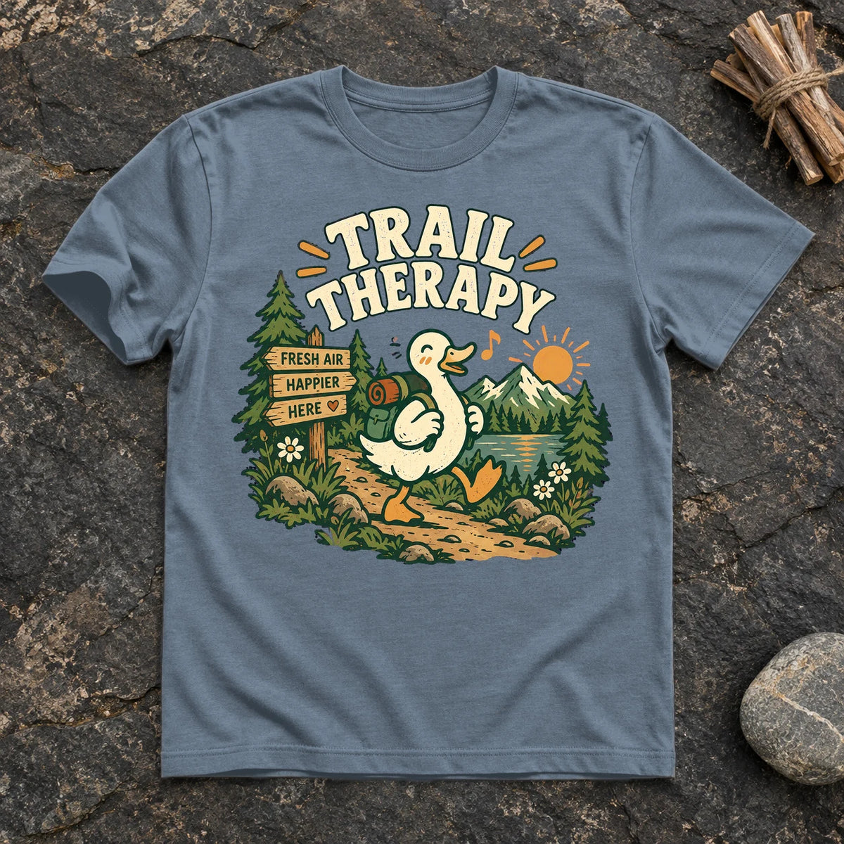 Trail Therapy Hiking Duck Graphic Tee on Heather Indigo Everyday Soft Tee