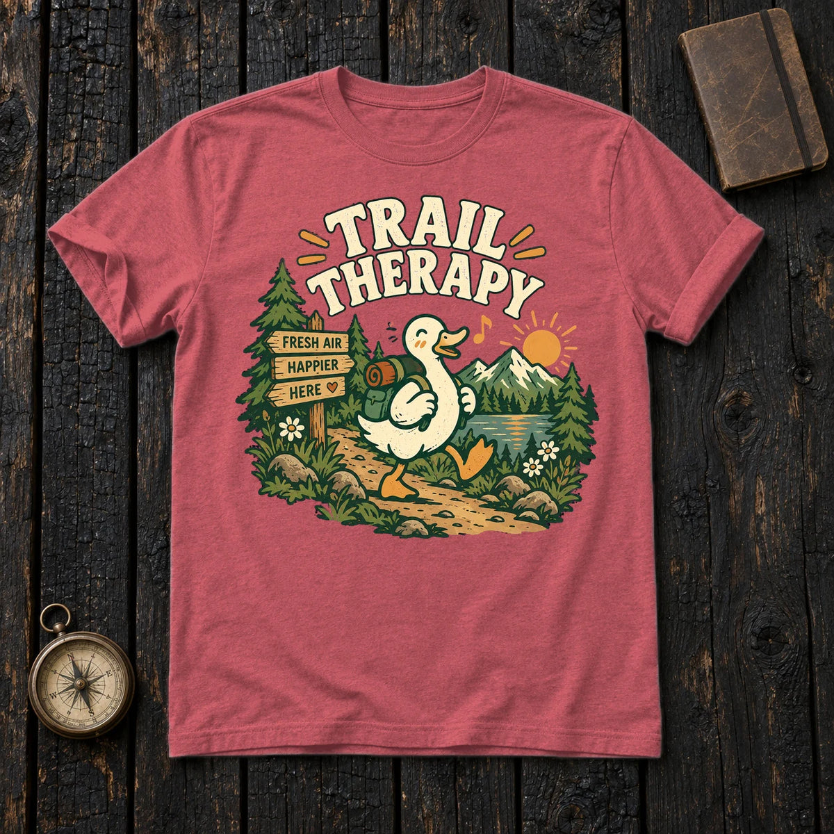 Trail Therapy Hiking Duck Graphic Tee on Heather Red Everyday Soft Tee