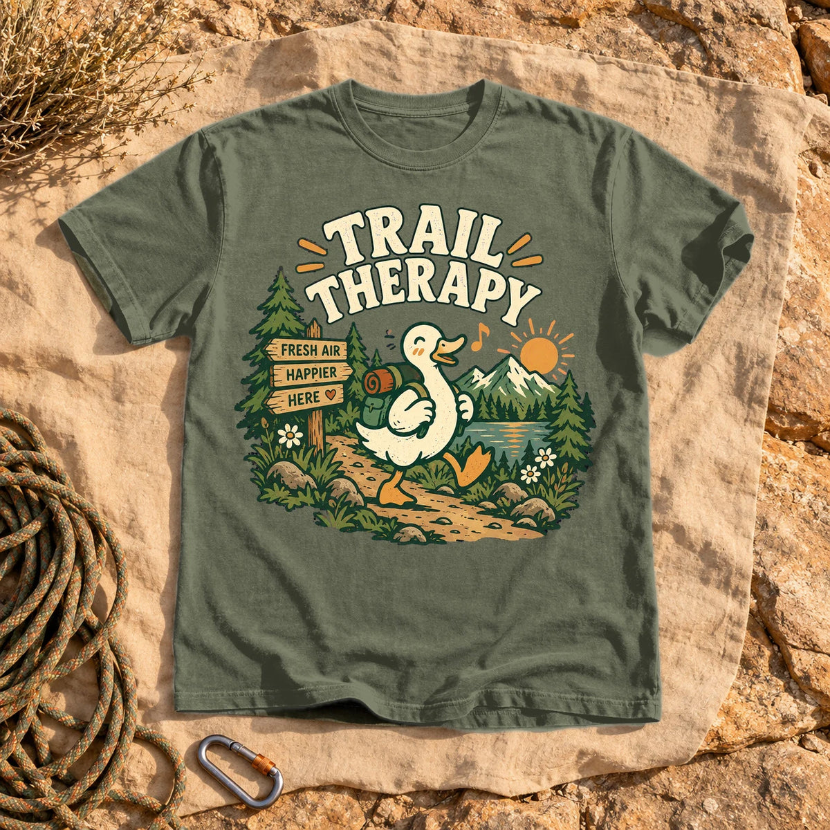 Trail Therapy Hiking Duck Graphic Tee on Moss Premium Tee