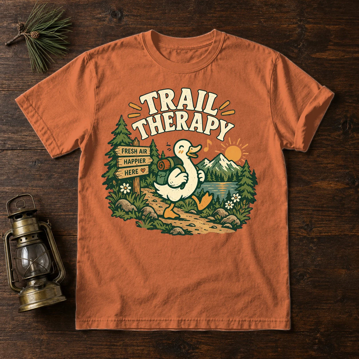Trail Therapy Hiking Duck Graphic Tee on Yam Premium Tee
