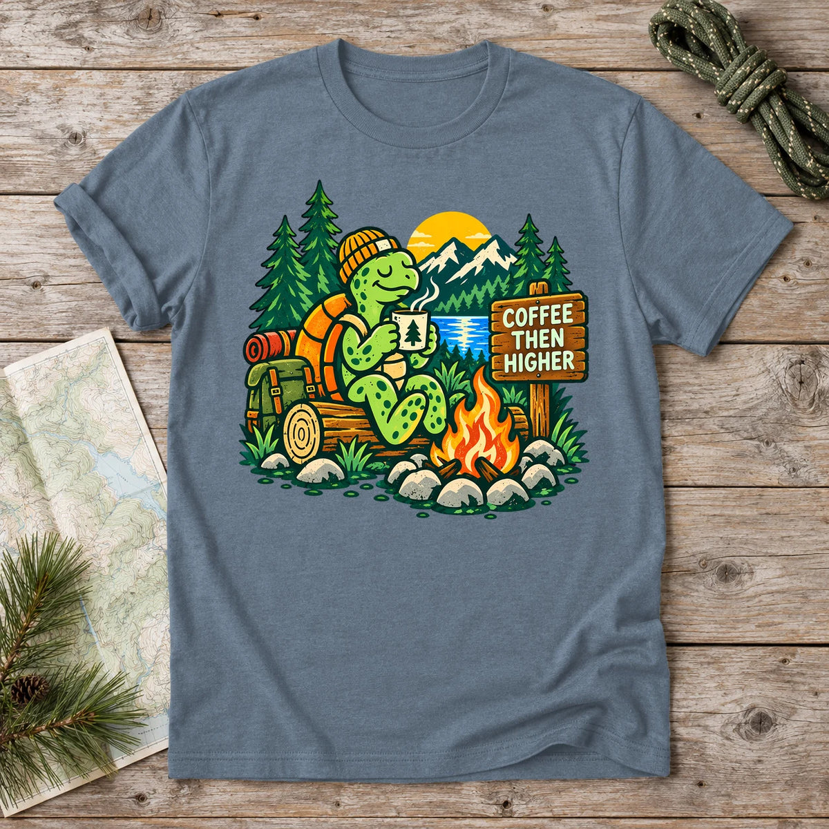 Coffee Then Higher Camp Graphic Tee on Heather Indigo Everyday Soft Tee