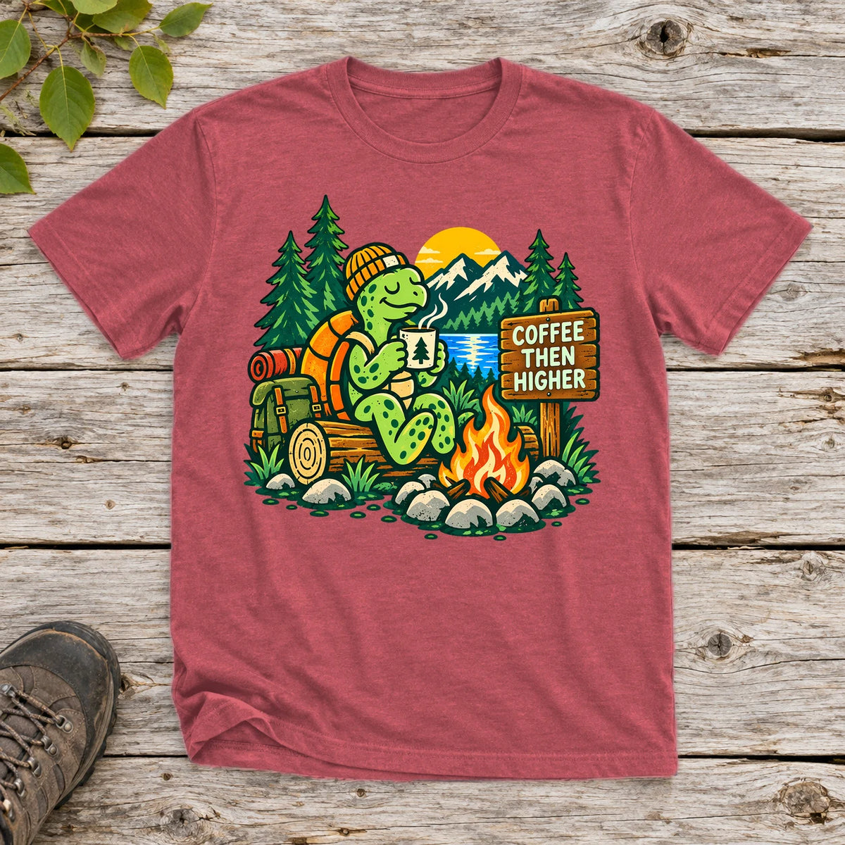 Coffee Then Higher Camp Graphic Tee on Heather Red Everyday Soft Tee