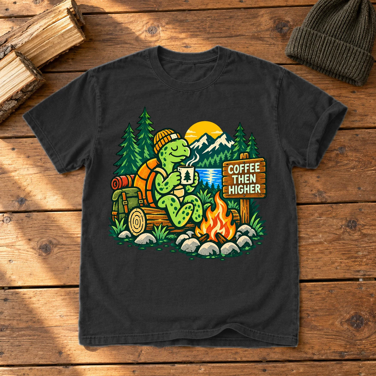 Coffee Then Higher Camp Graphic Tee on Black Premium Tee