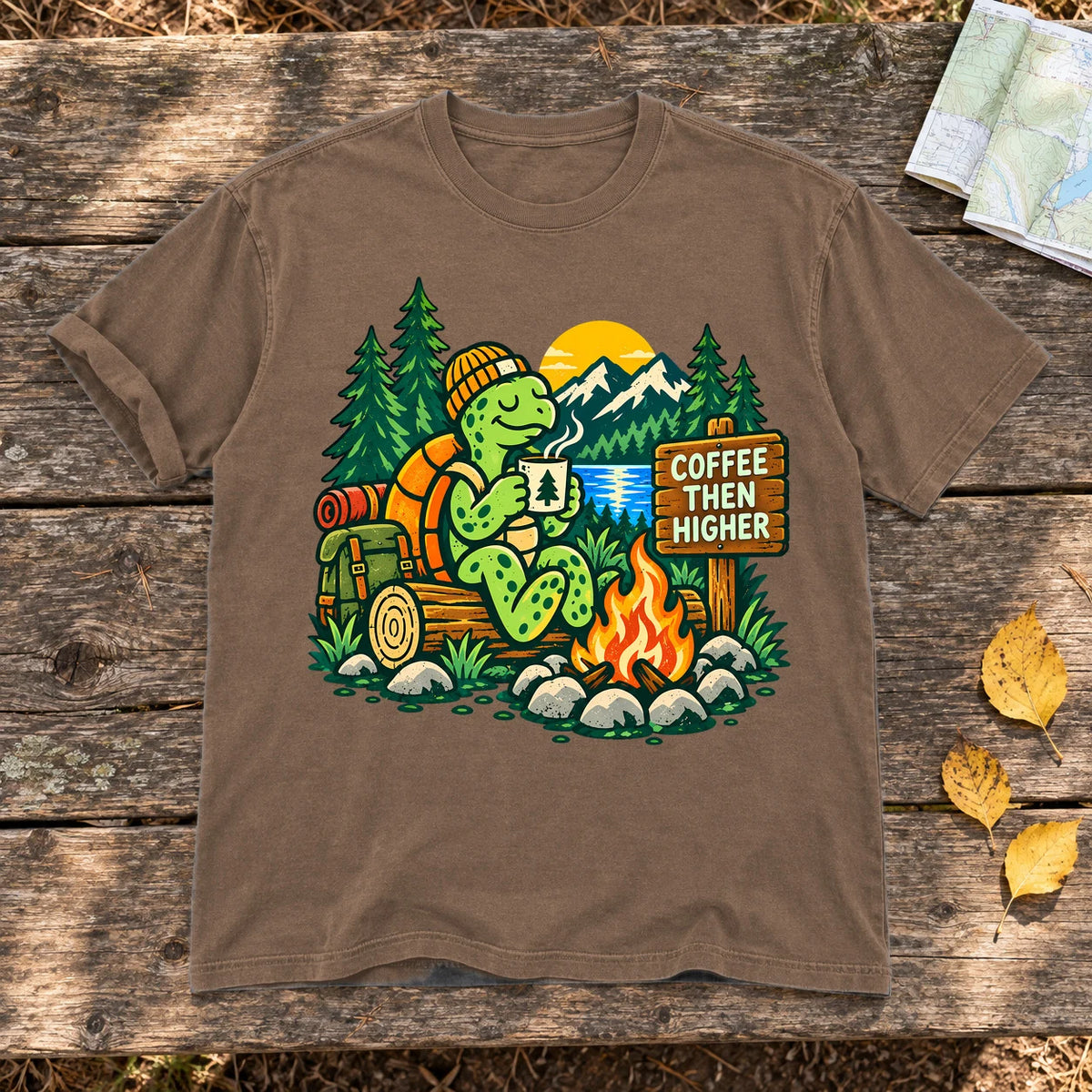 Coffee Then Higher Camp Graphic Tee on Espresso Premium Tee