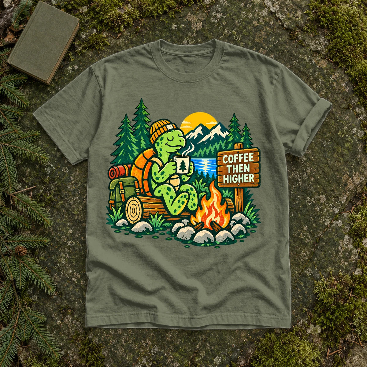 Coffee Then Higher Camp Graphic Tee on Moss Premium Tee
