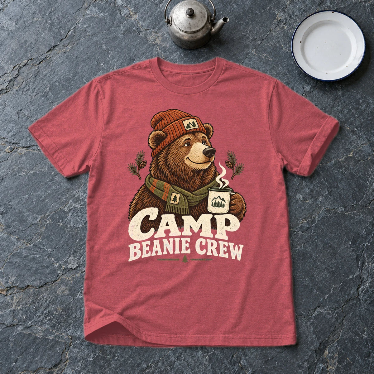 Camp Beanie Crew Graphic Tee on Heather Red Everyday Soft Tee