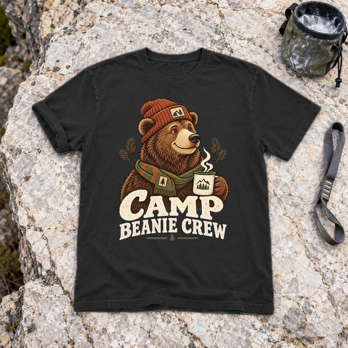 Camp Beanie Crew Graphic Tee on Black Premium Tee
