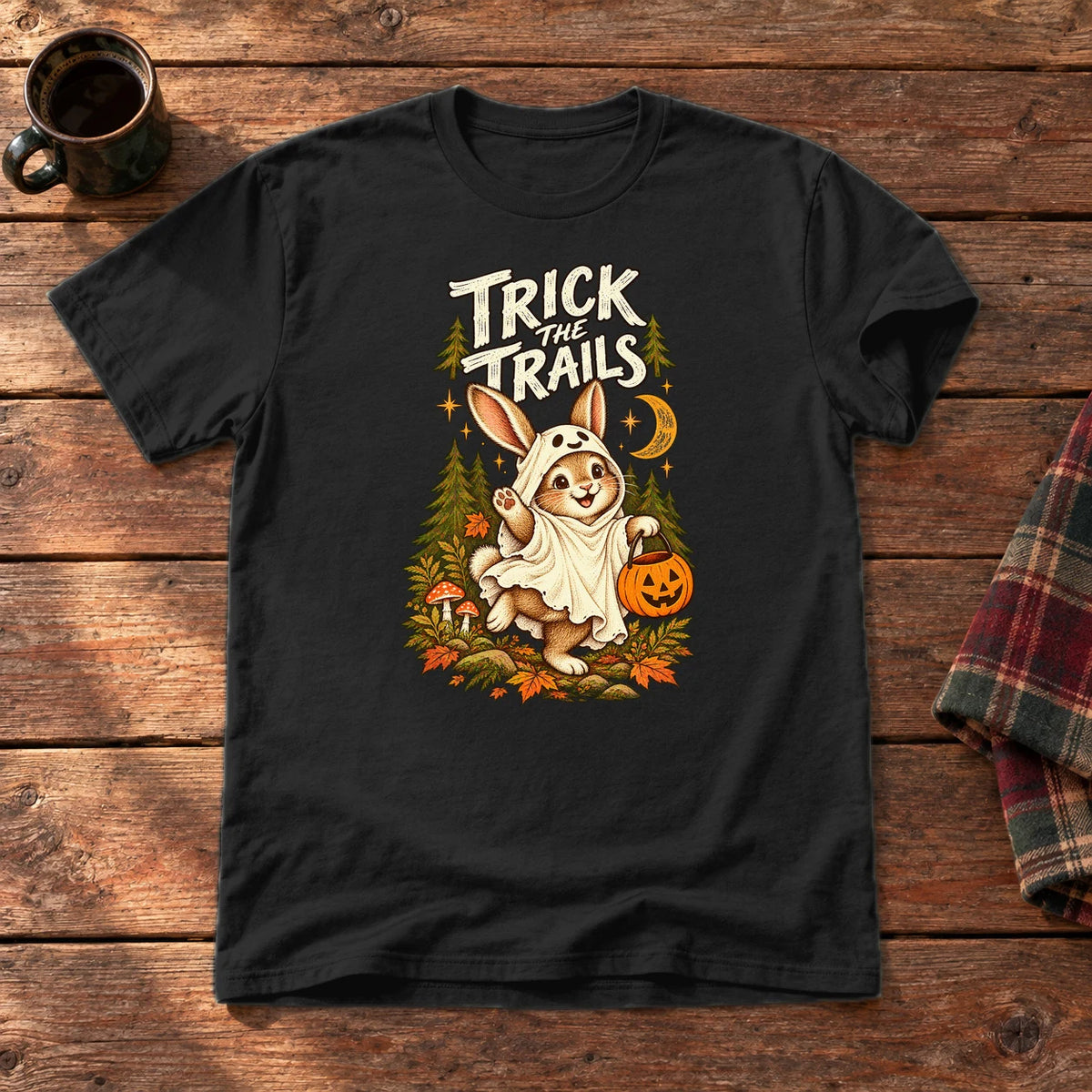 Trick the Trails Ghost Bunny Graphic Tee on Black Everyday Soft Tee