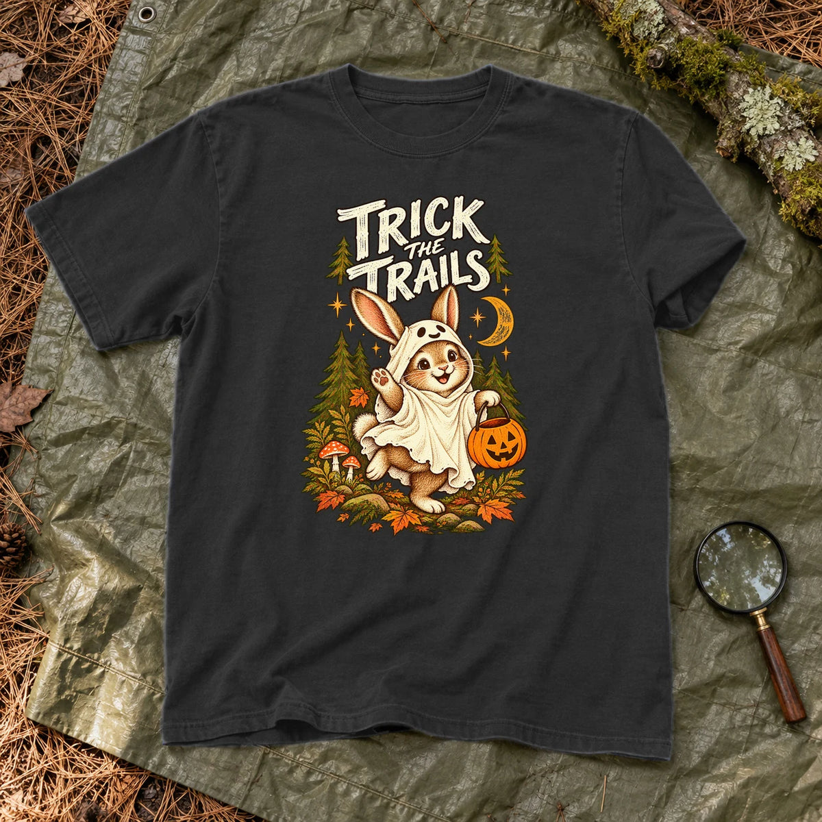 Trick the Trails Ghost Bunny Graphic Tee on Black Premium Tee