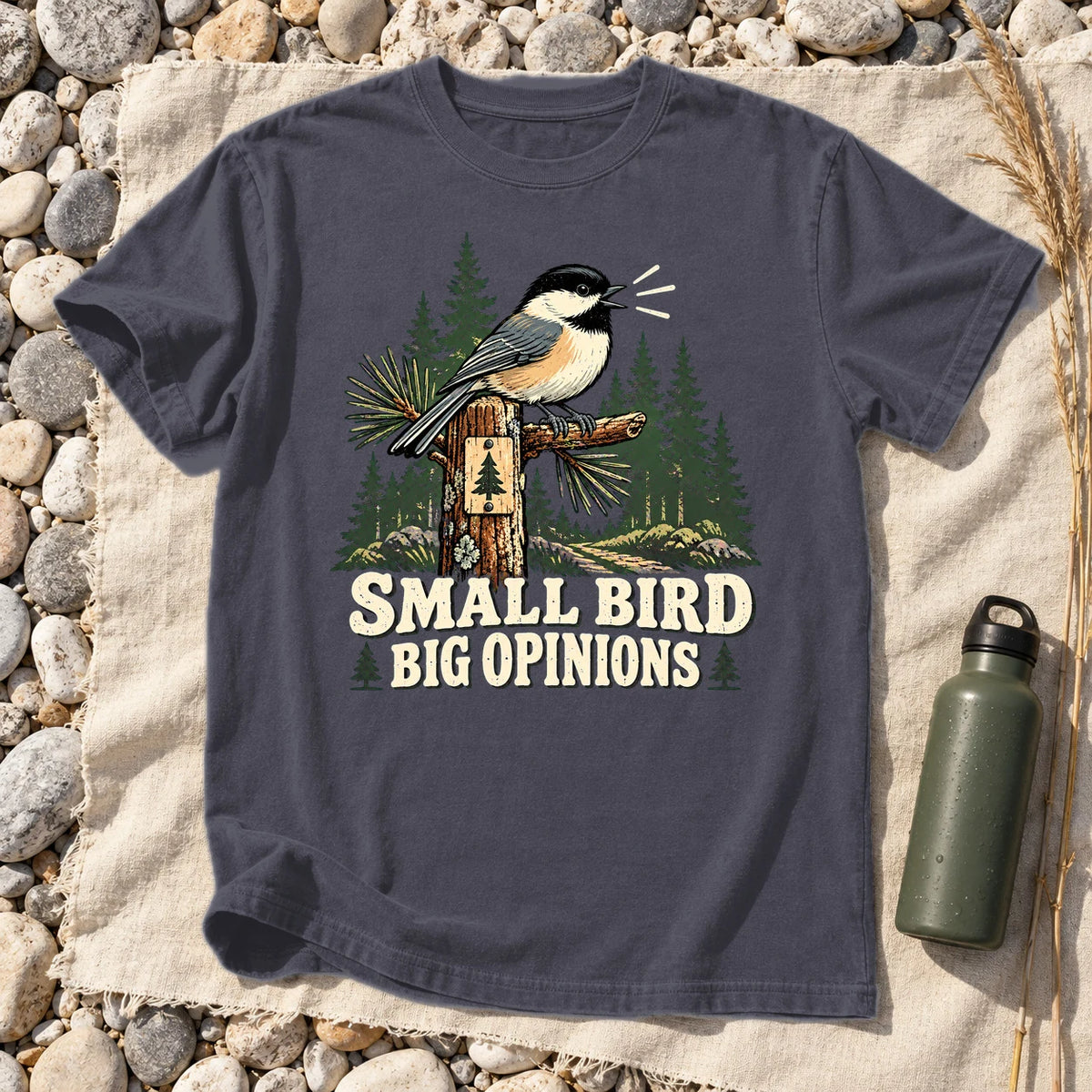 Small Bird Big Opinions Graphic Tee on Navy Premium Tee