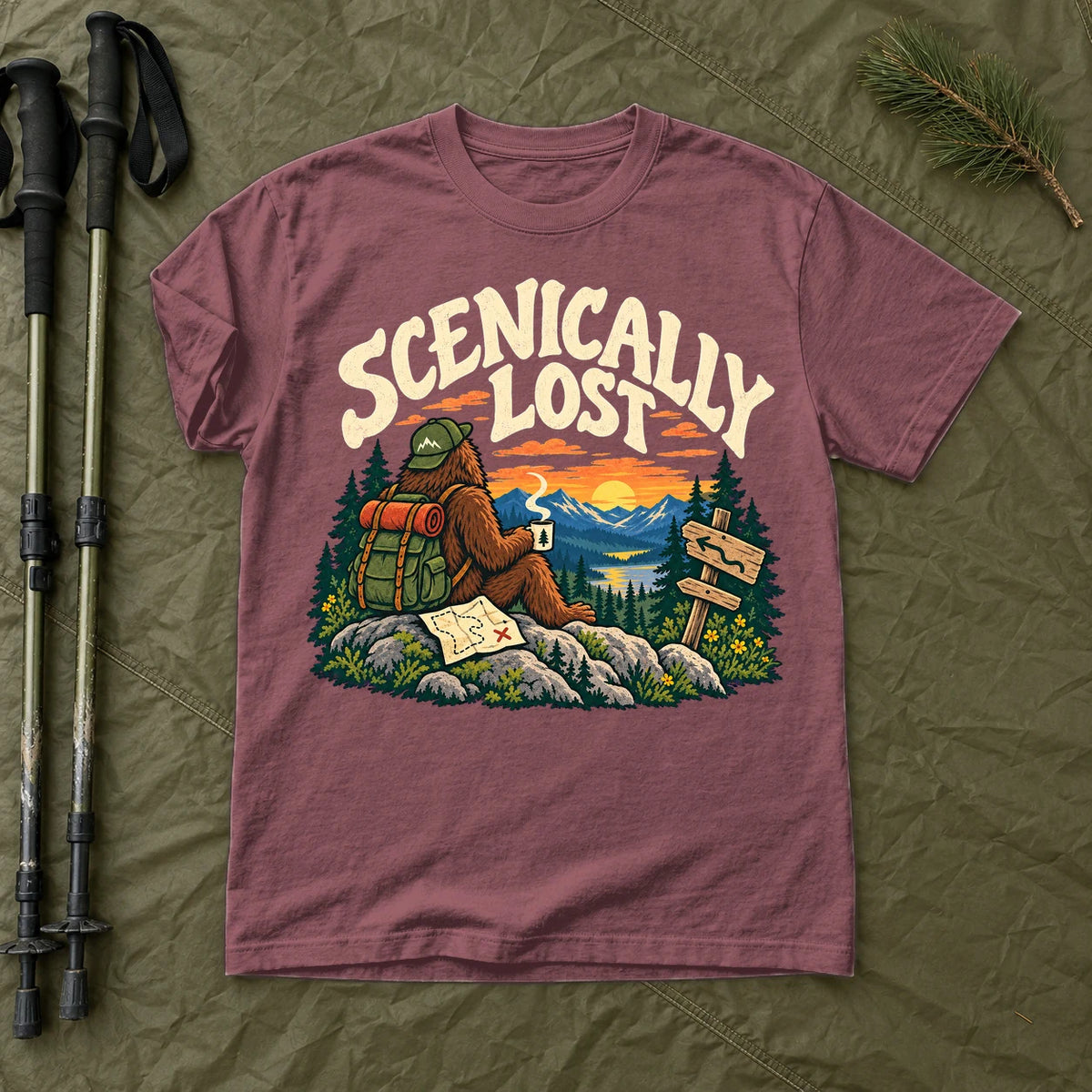 Scenically Lost Bigfoot Graphic Tee on Brick Premium Tee